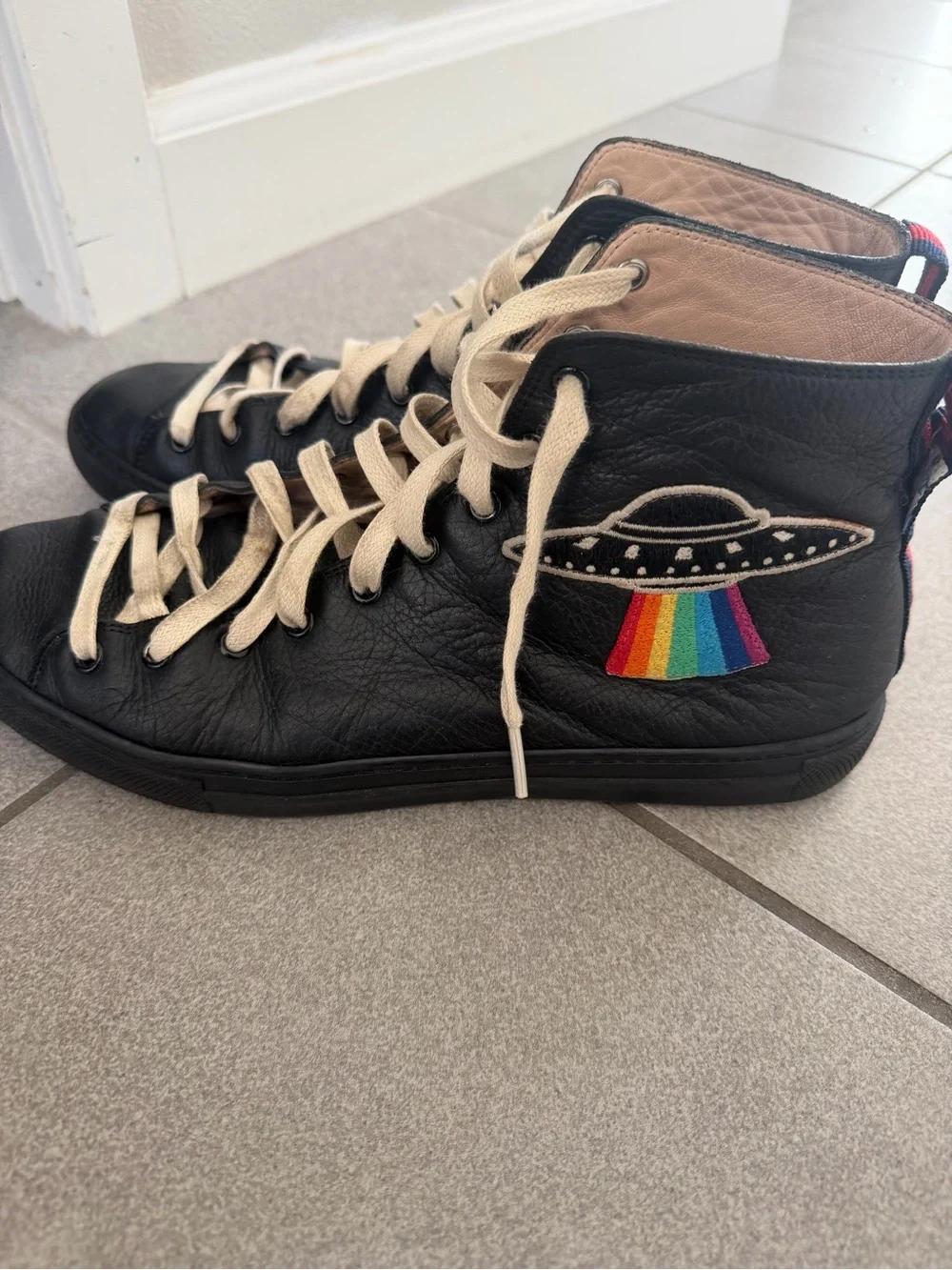 Gucci Black leather High-Top Leather Sneakers embroidered - Men - Gucci size 8